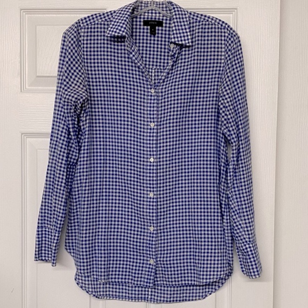 J. Crew Gingham Check Blue Button Front Classic Top Sz 0